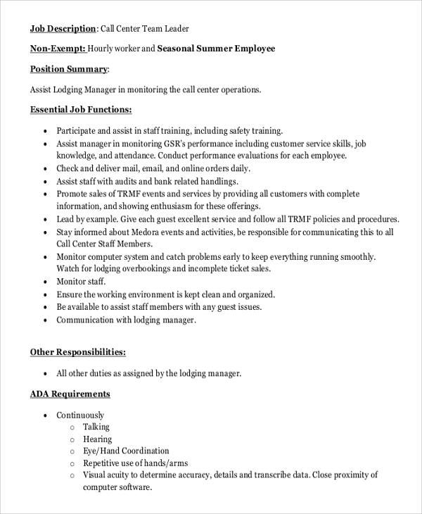 call center team leader job description