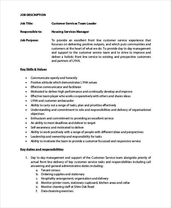 customer care team leader job description