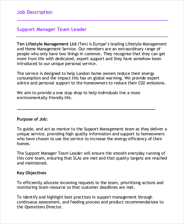 support manager team leader job description