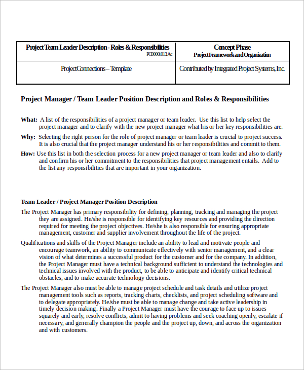 project team leader job description