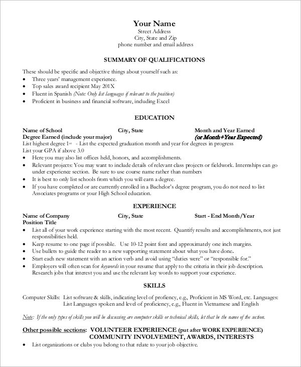 one page resume for freshers