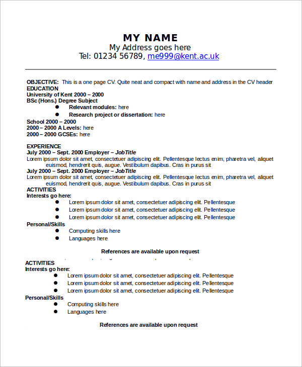 one page resume outline