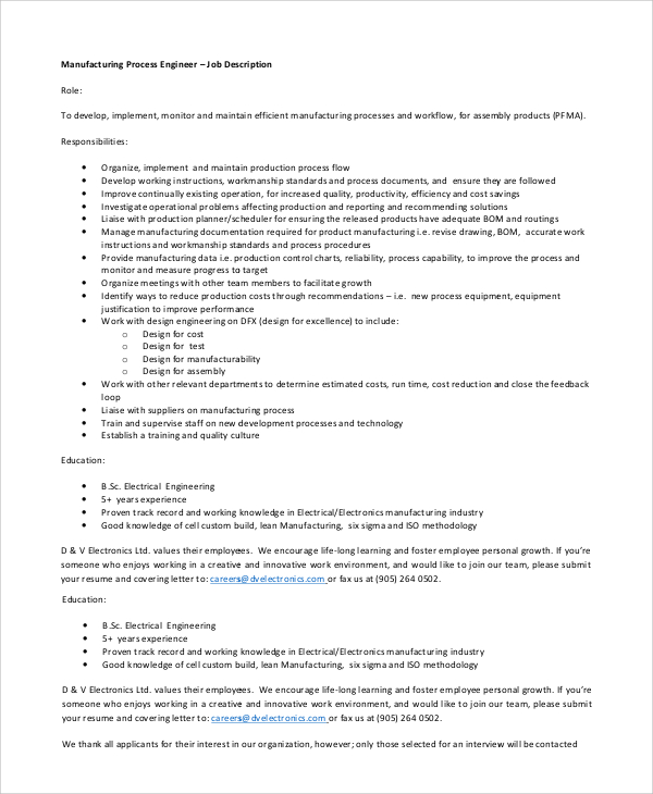 Roles and responsibilities of manufacturing engineering department