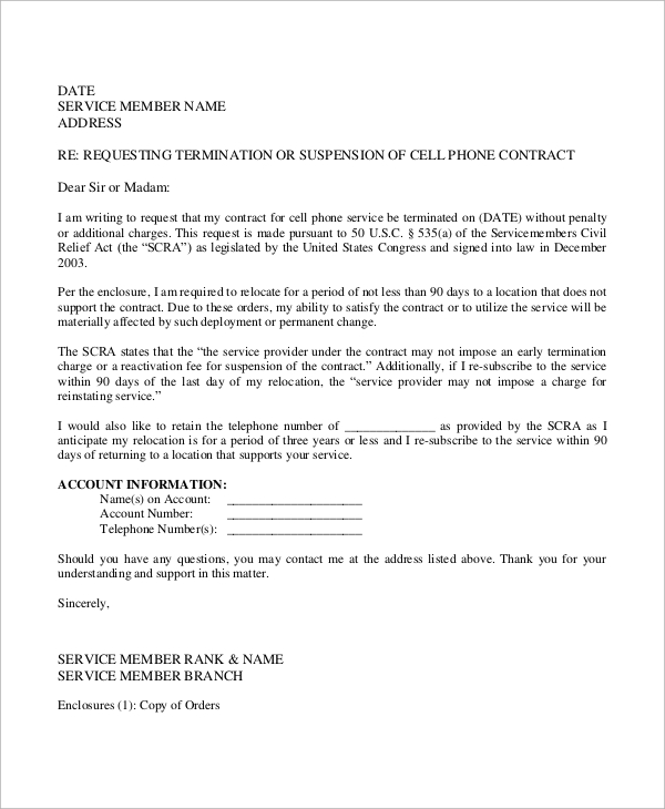 cell phone contract termination letter