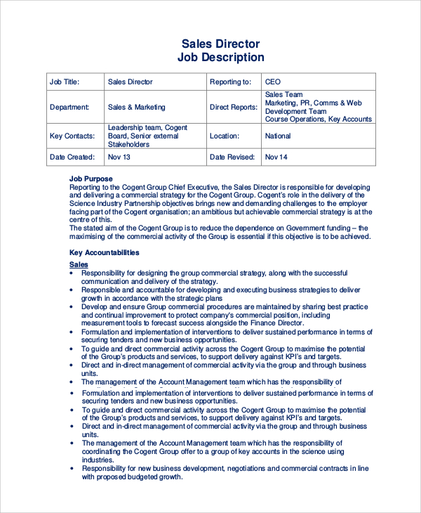 FREE 11 Sample Sales Job Descriptions In PDF MS Word   Sales Director Job Description 