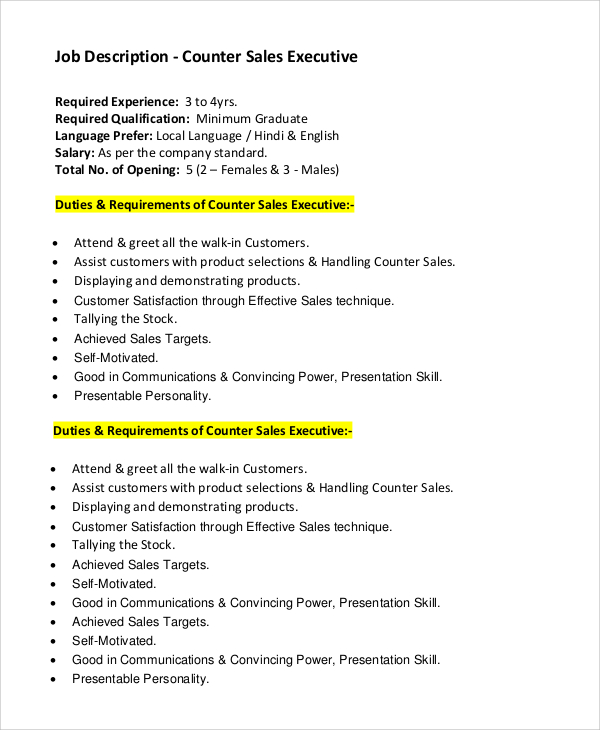 Duties And Roles Of A Sales Manager   Counter Sales Executive Job Description 