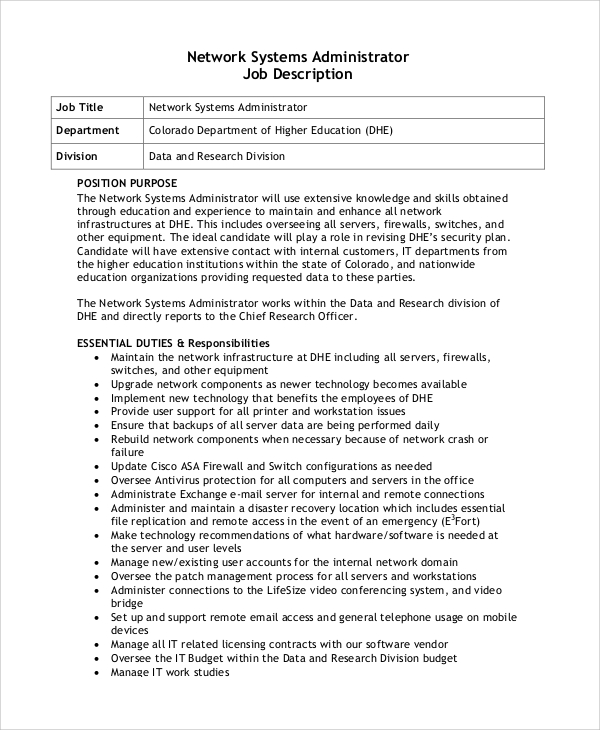 network systems administrator job description
