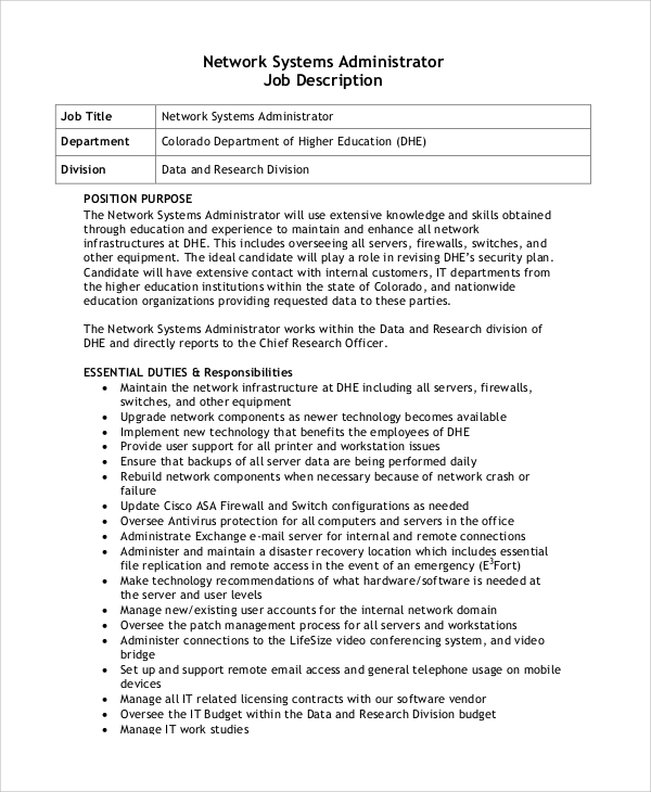 Free 10+ Sample System Administrator Job Description Templates In Pdf | Ms Word