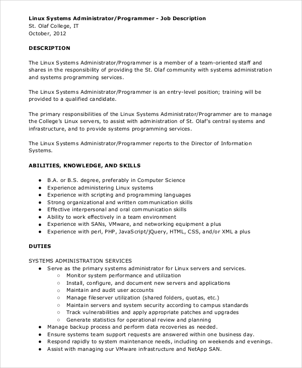 Free 10+ Sample System Administrator Job Description Templates In Pdf | Ms  Word