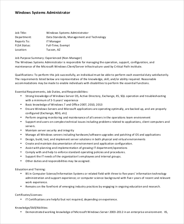 windows systems administrator job description