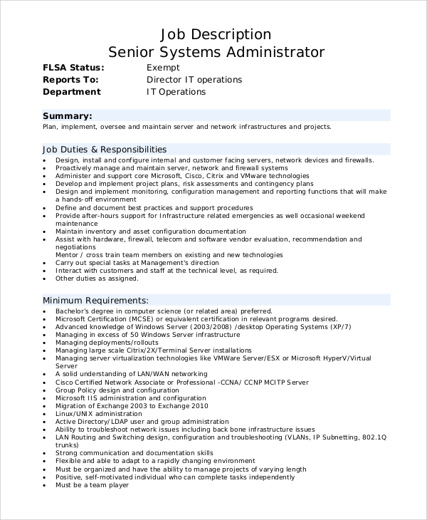 Systems administrator job details