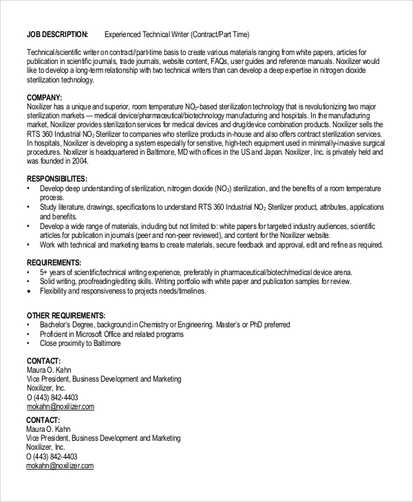 Content Writer Job Description A Job Description For A Content   Experienced Technical Writer Job Description 