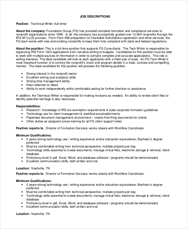 full time technical writer job description