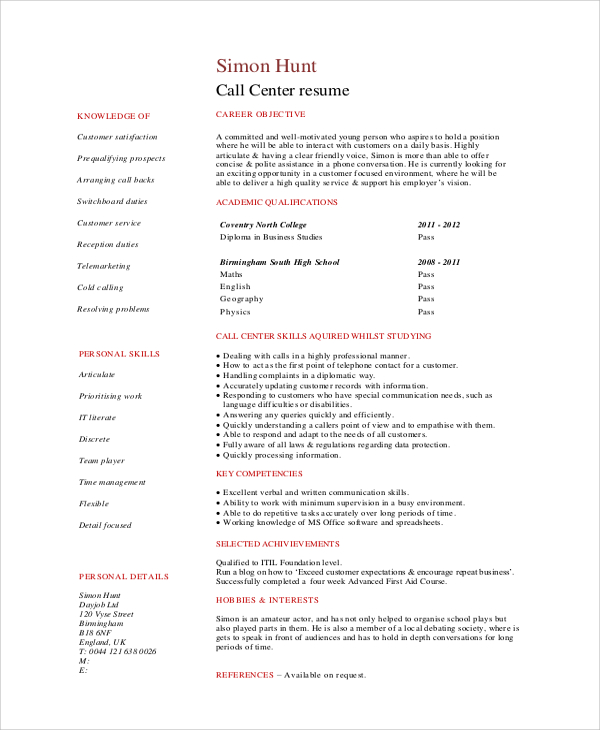 student call center resume
