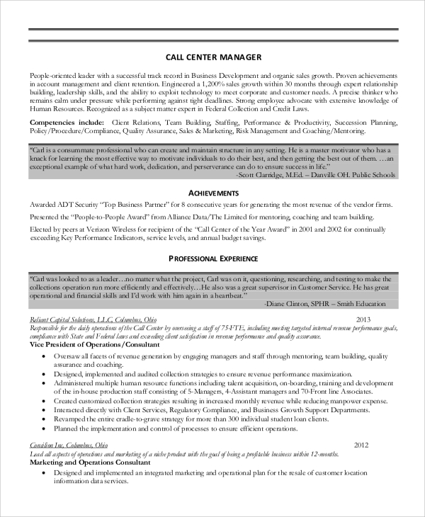 resume call center sample