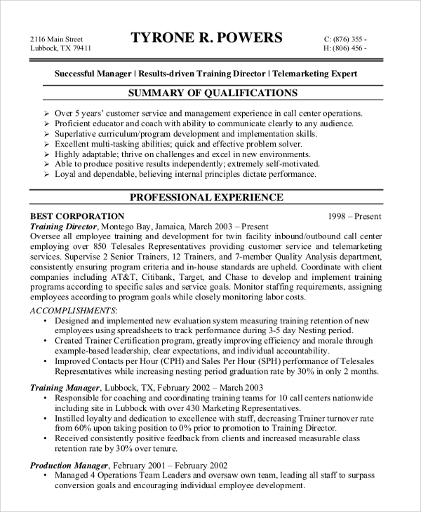 customer service sample resume for call center