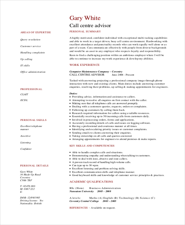 call center advisor resume