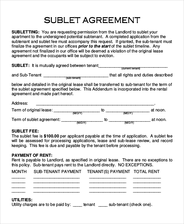 apartment sublet agreement