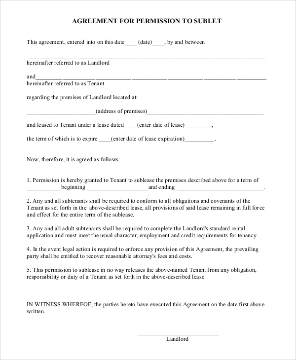 agreement for permission to sublet