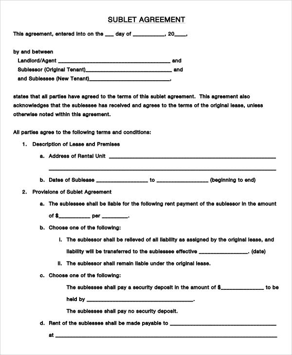 sublet tenant agreement