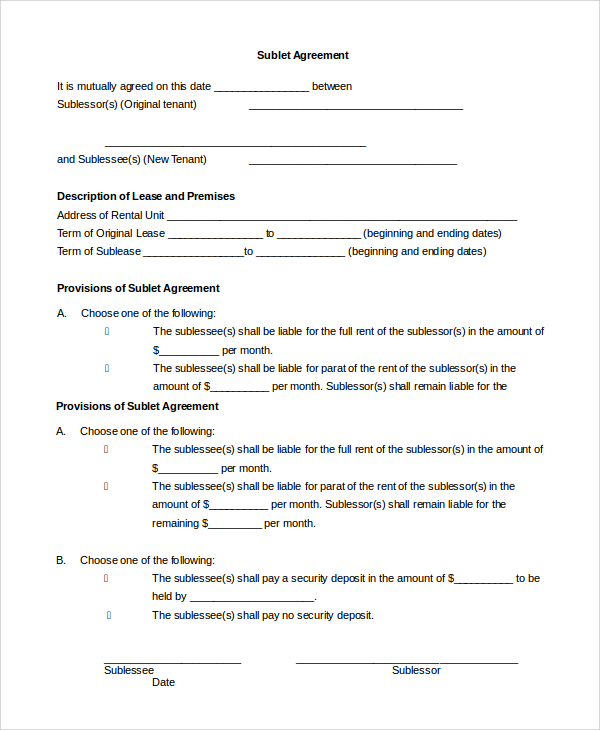 sublet lease agreement