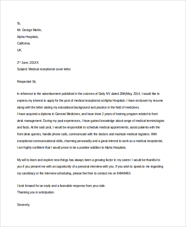 Free 6 Sample Receptionist Cover Letter Templates In Ms Word Pdf