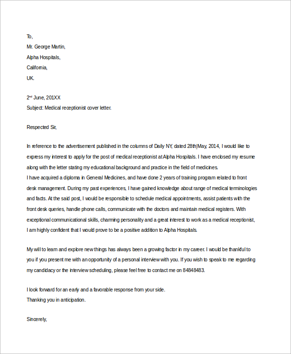 FREE 6+ Sample Receptionist Cover Letter Templates in MS ...