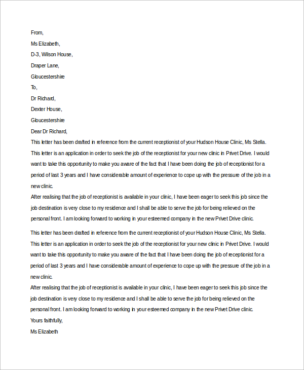 FREE 27 Sample Receptionist Cover Letter Templates In MS Word PDF