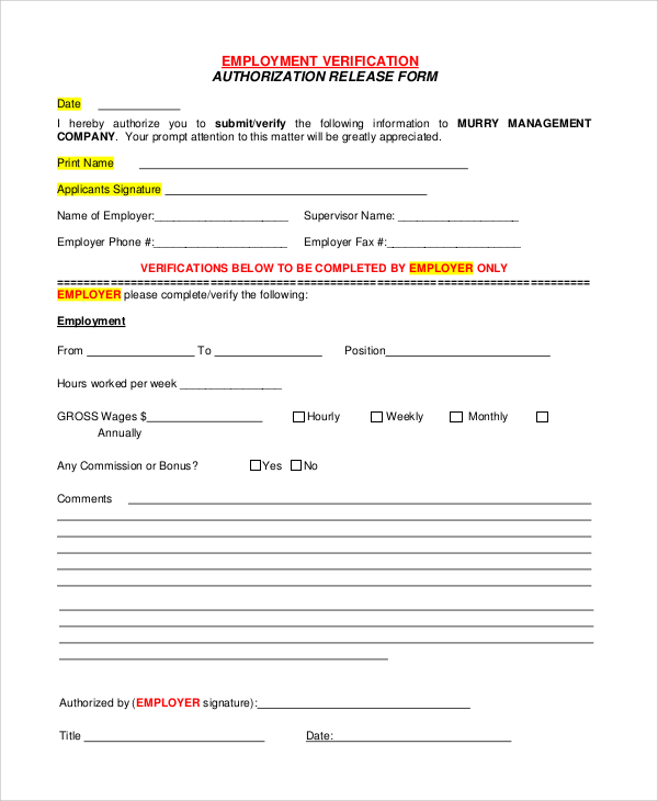 Free 10 Sample Verification Of Employment Forms In Pdf Ms Word