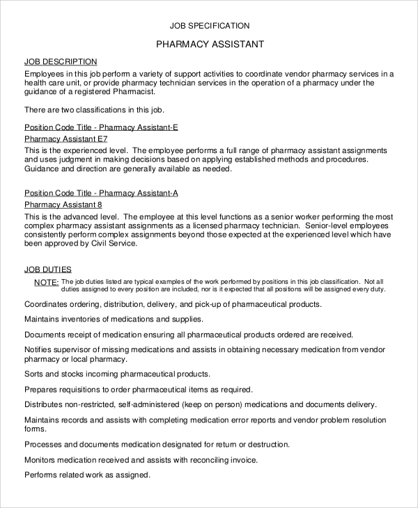 Job Description For Hospital Pharmacy Assistant