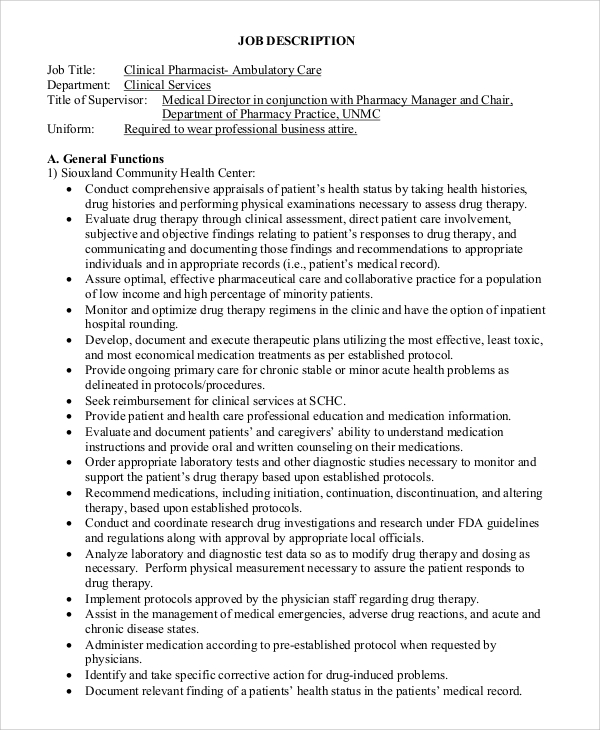 ambulatory care pharmacist job description