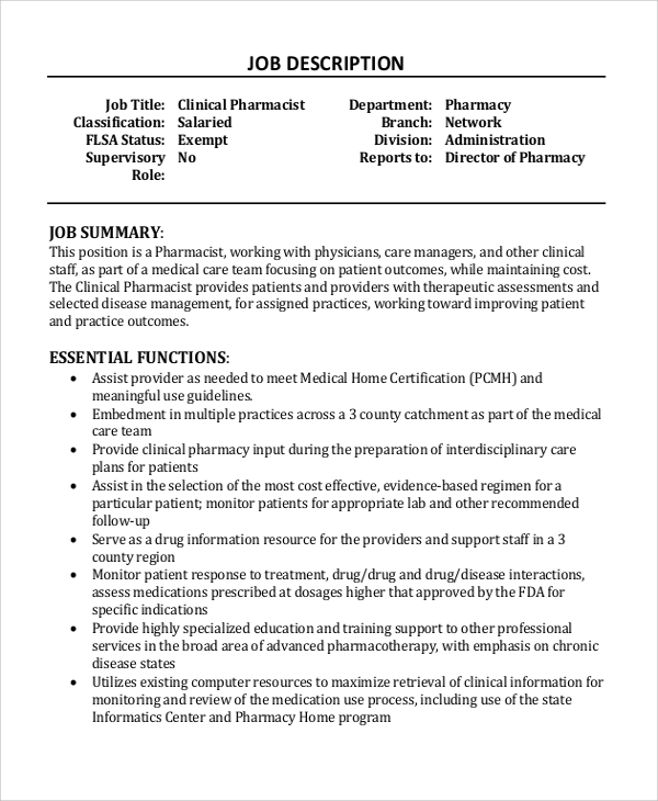 Hospital Pharmacist Job Description