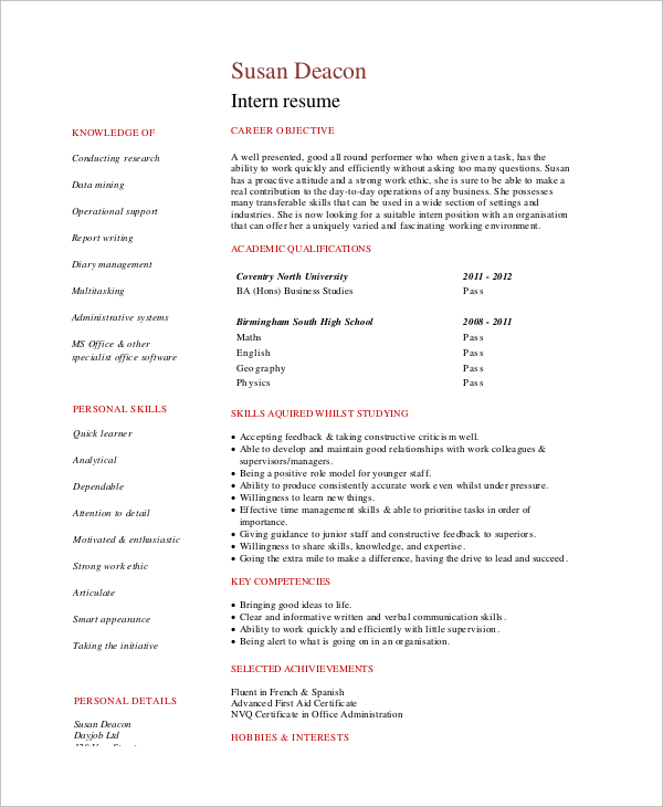 free 10 sample resume for internship in ms word  pdf