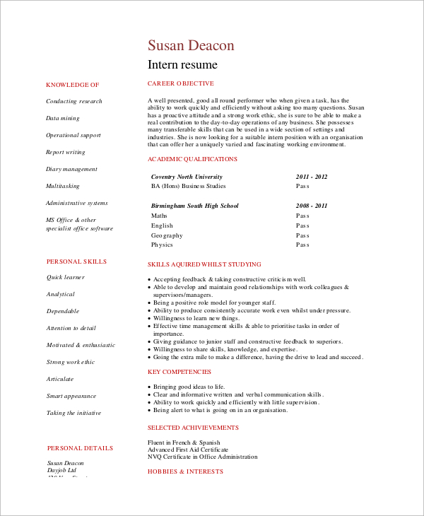 student internship resume