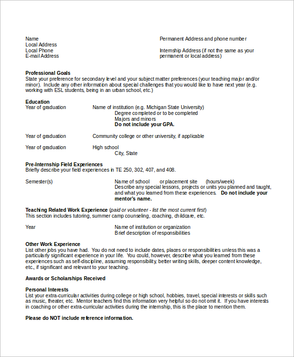 internship placement resume format1