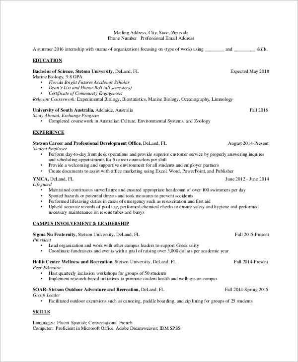 resume format for student internship