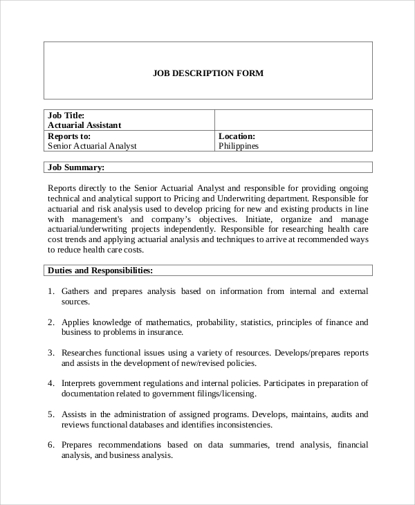 Job Description For Actuary