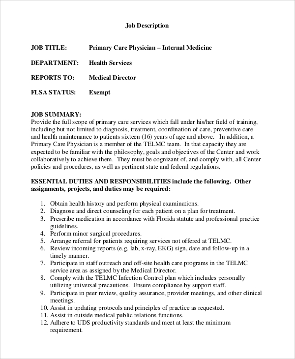primary care physician job description