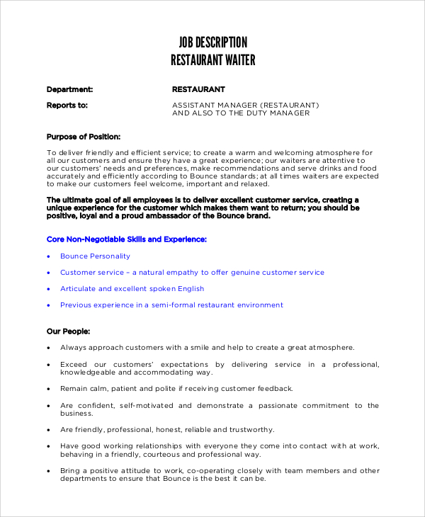 Sample Waiter Job Description 11 Examples in PDF