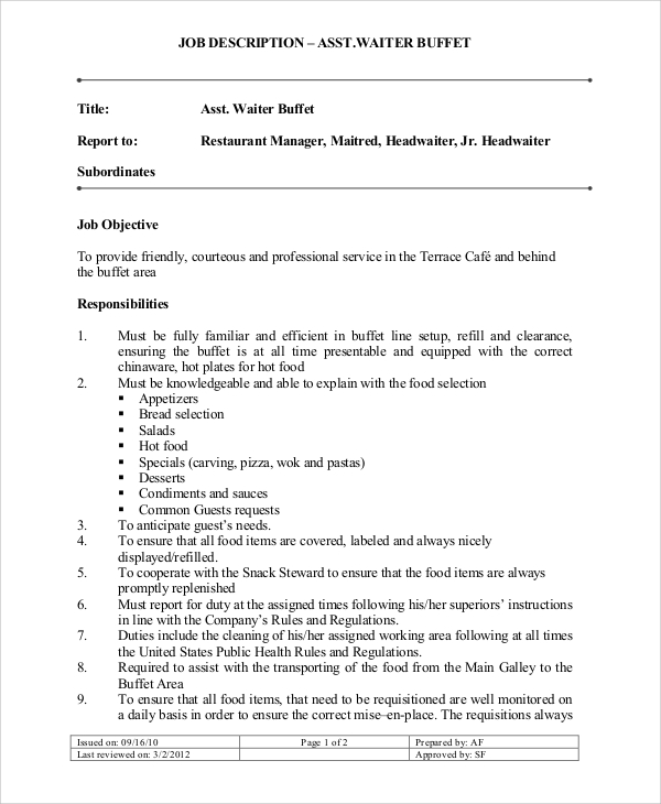 FREE 11 Sample Waiter Job Descriptions In PDF