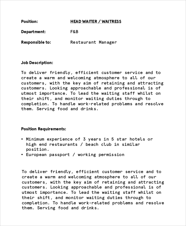 Sample Waiter Job Description 11 Examples in PDF