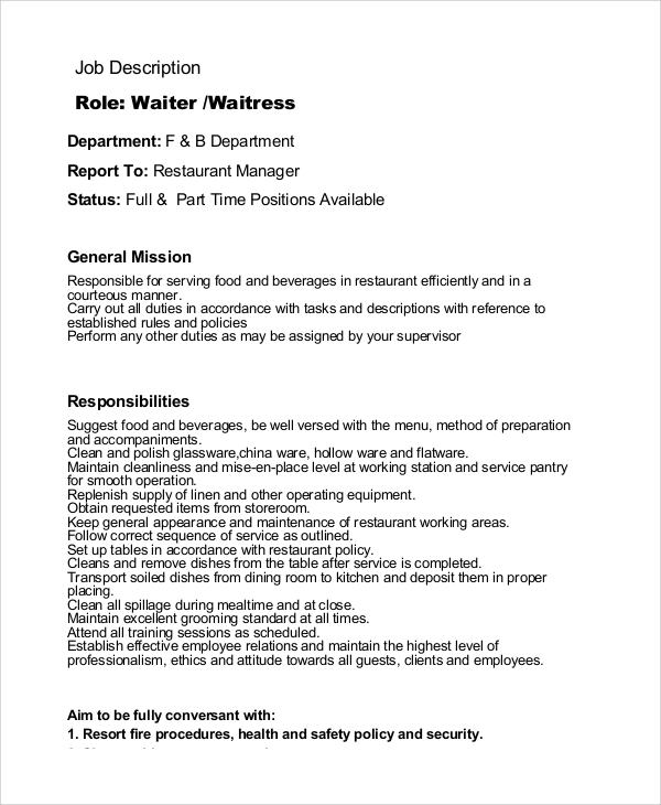 Free 11 Sample Waiter Job Descriptions In Pdf