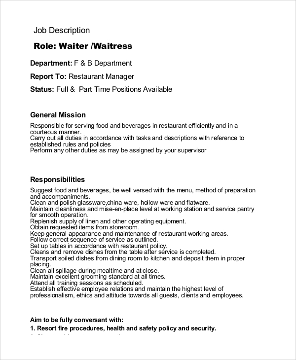 Deskripsi Pekerjaan Waitress Faith Wright