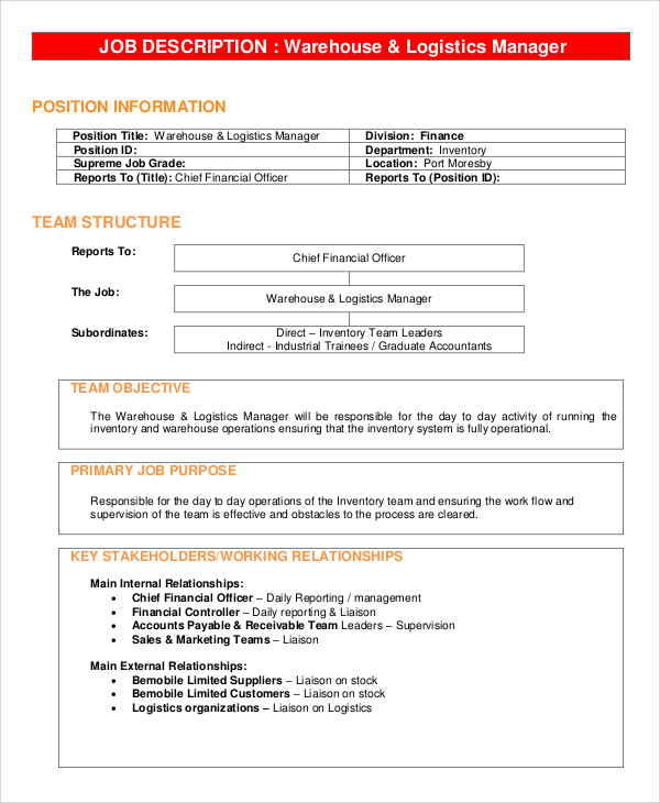 FREE 10 Sample Warehouse Manager Job Description Templates In PDF MS 