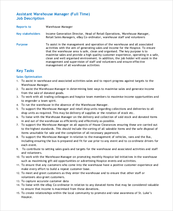 FREE 10+ Sample Warehouse Manager Job Description Templates in PDF MS