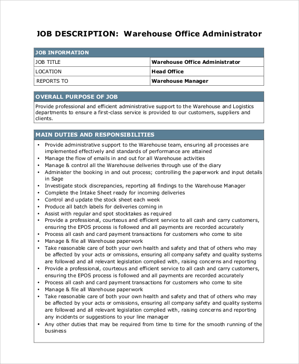 warehouse office administrator manager job description