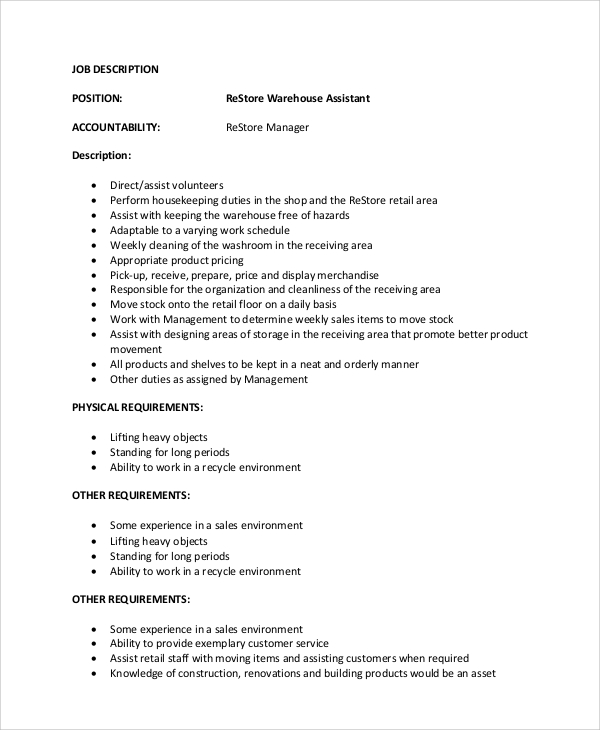 Restore Warehouse Assistant Manager Job Description 