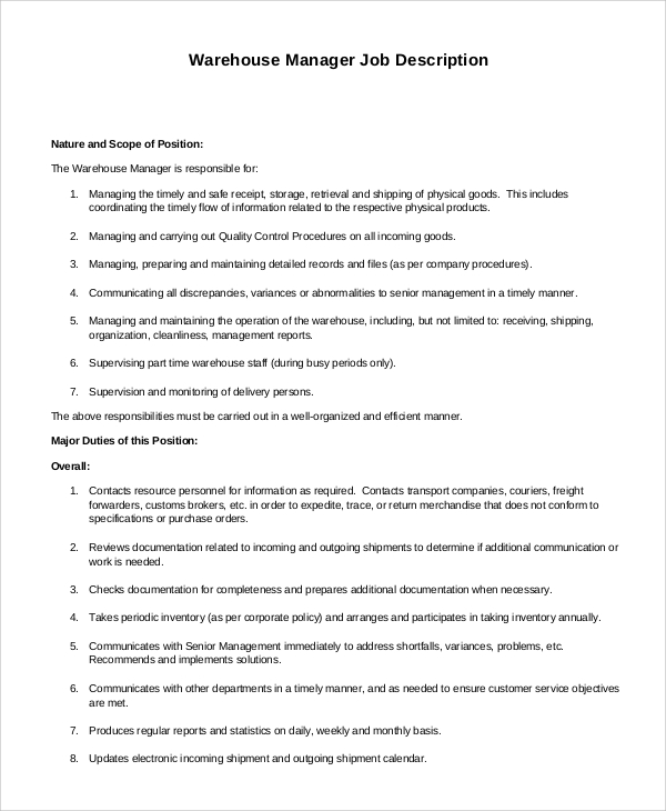 FREE 10 Sample Warehouse Manager Job Description Templates In PDF MS 