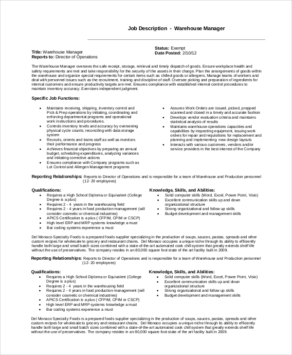 Sample Warehouse Manager Job Description 10 Examples In PDF Word