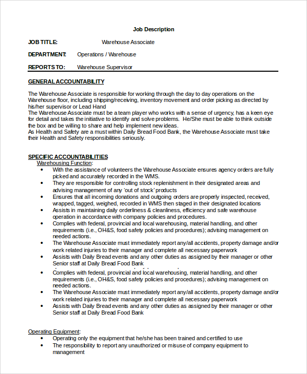 Sample Warehouse Manager Job Description 10 Examples In PDF Word